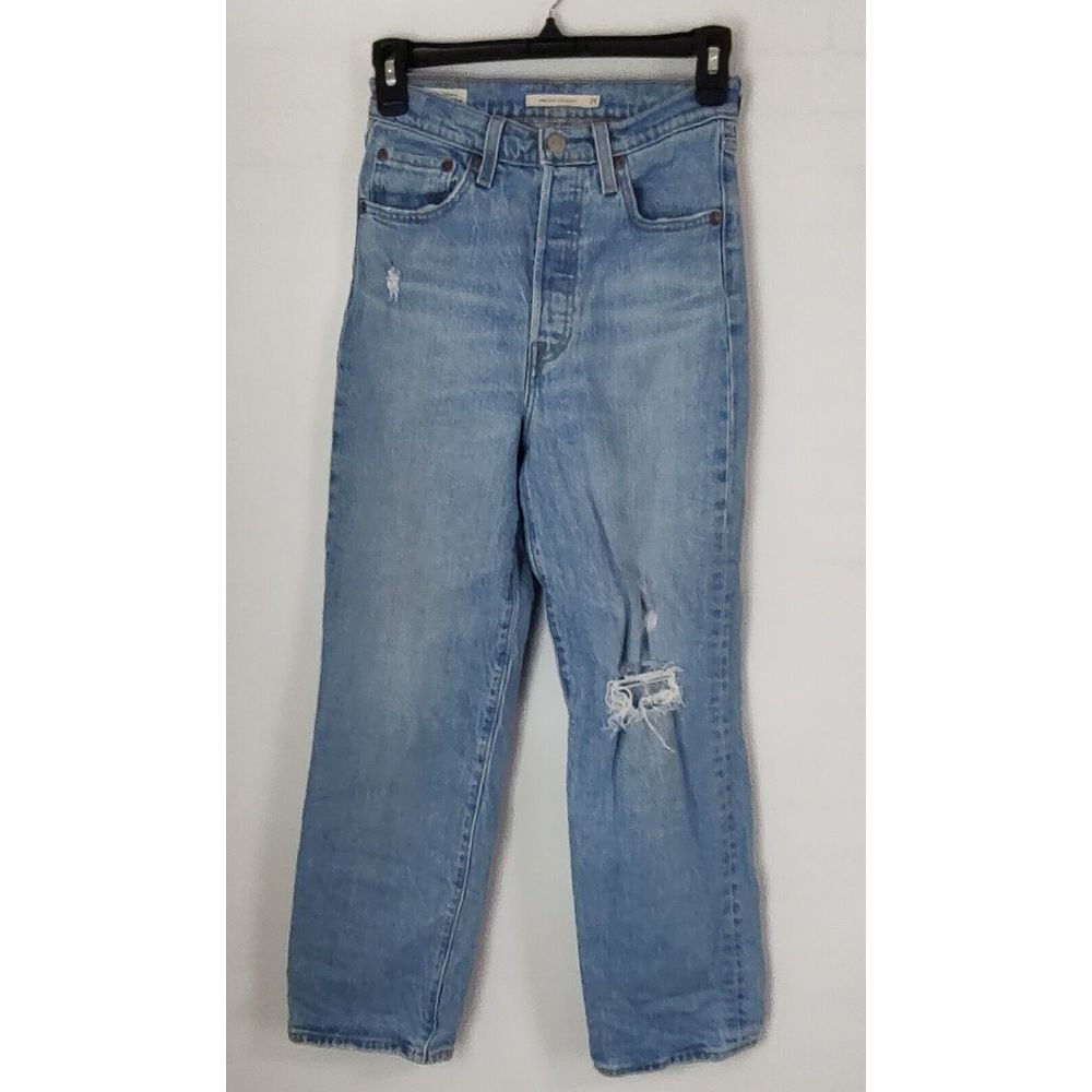 Levis Premium‎ Ribcage Straight Jeans Light Wash Distressed Blue Denim Size 25
